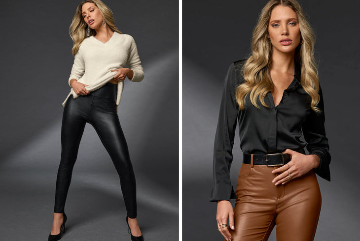Model wearing crème v neck sweater, black faux leather Aspen leggings, black heels and statement silver earrings. Model wearing Sophia button up black charmeuse top, black belt and brown Monterey bootcut pants.